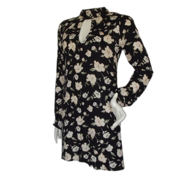 ELAN Mini Dress, S, Black/Off-White Floral, Long sleeves, Choker/Keyhole - Picture 3 of 14